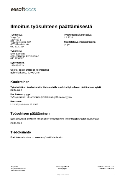 Ilmoitus työsuhteen päättämisestä (työnantajan ilmoitus työntekijälle)