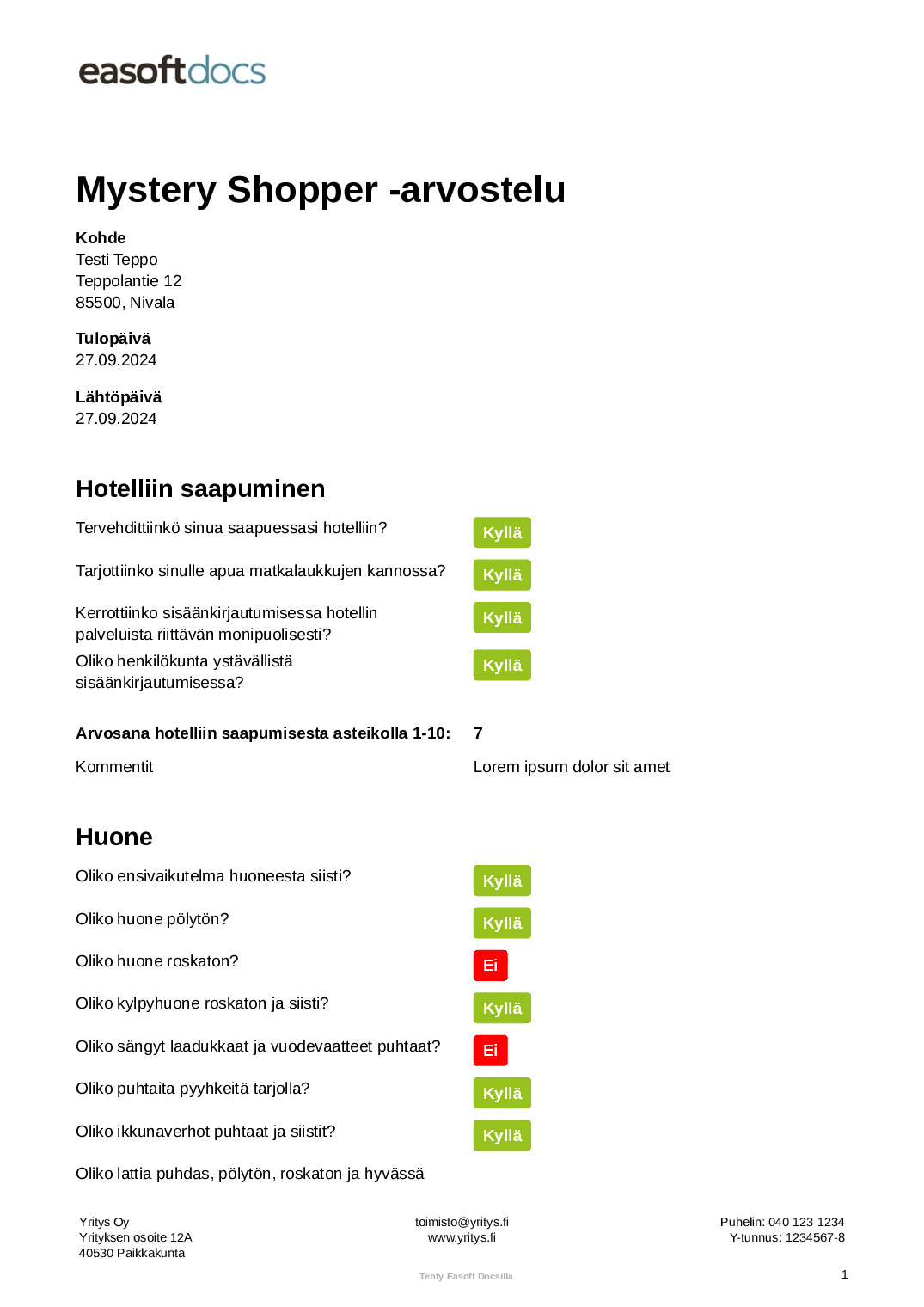 Mystery Shopper -arvostelu (hotelli)