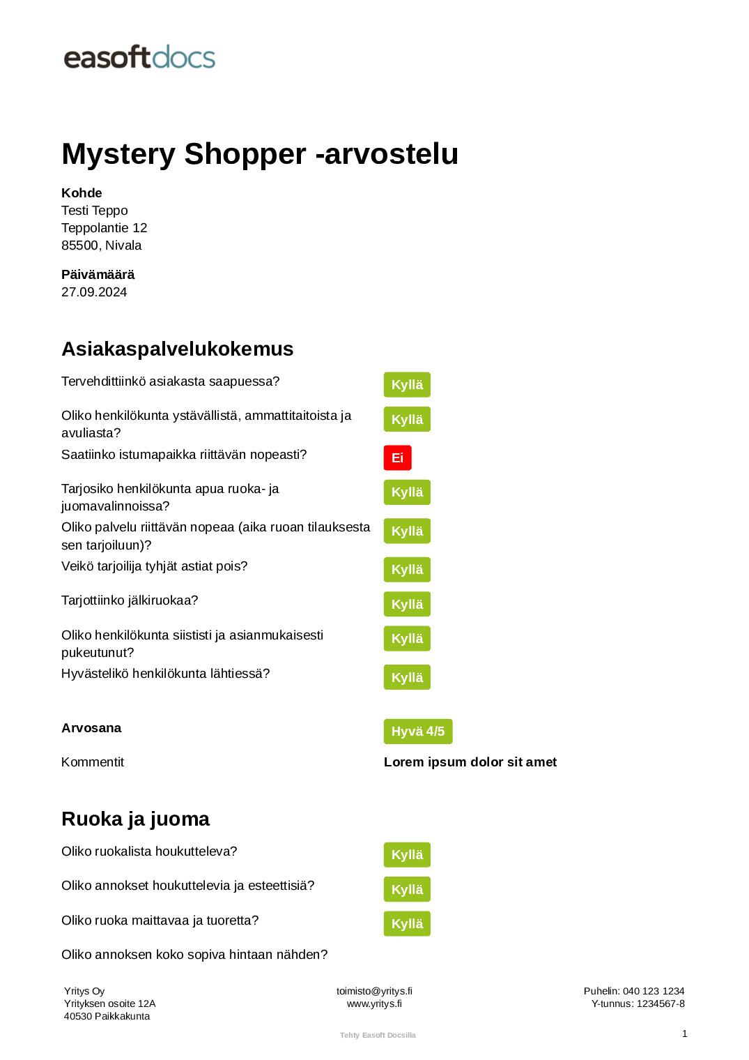 Mystery Shopper -arvostelu (ravintola)