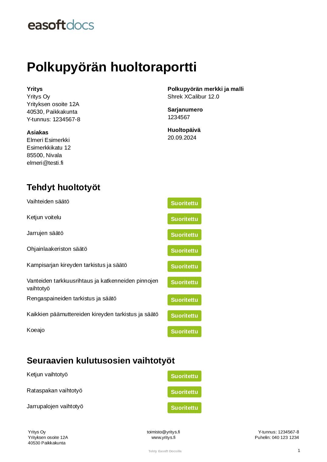 Polkupyörän huoltoraportti (perushuolto)