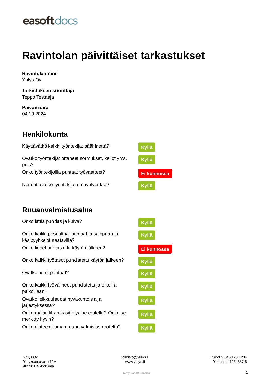 Ravintolan päivittäiset tarkastukset