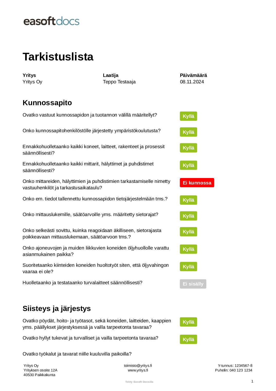 Tarkistuslista (kunnossapito, siisteys ja järjestys)