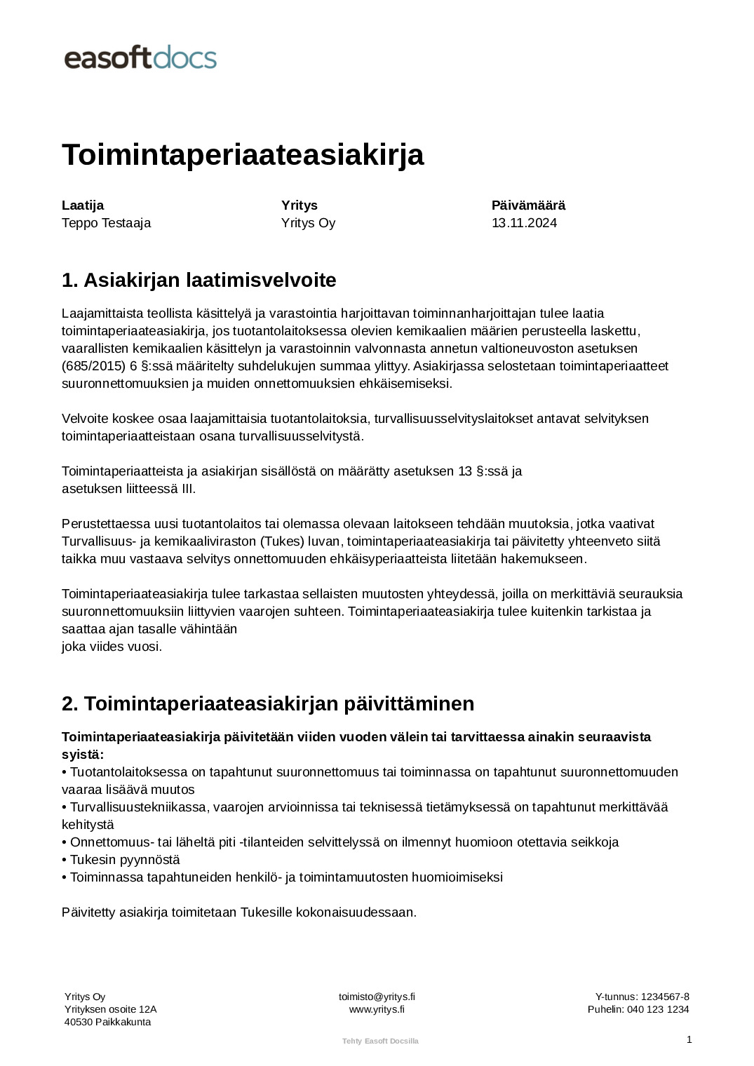 Toimintaperiaateasiakirja (tuotantolaitokset)