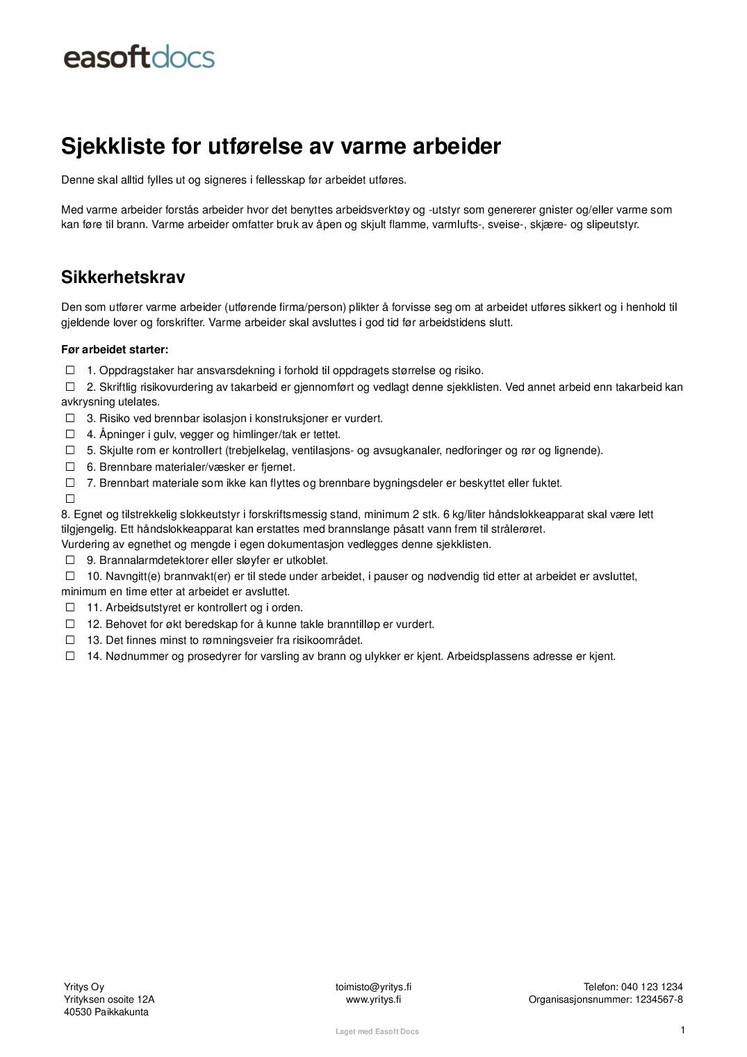 Varme arbeider sjekkliste